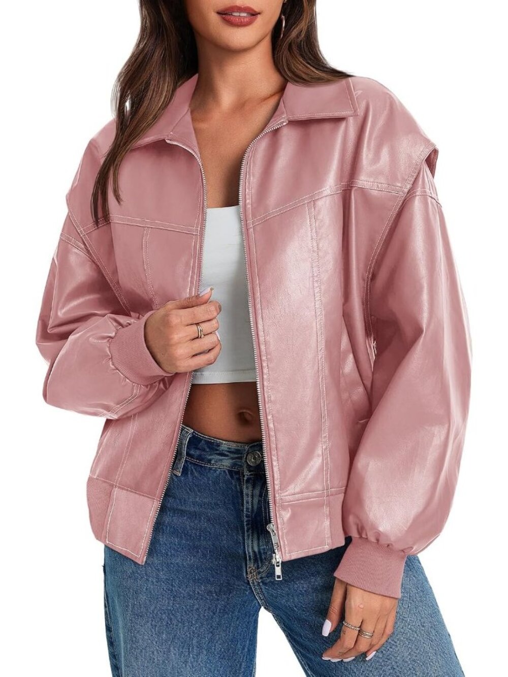 Women's Pink Oversized Faux Leather Bomber Jacket Motorcycle ZIP Up Coat